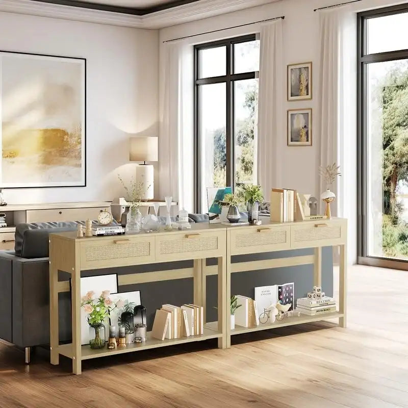 Console en rotin de style rustique, 39 tables d'appoint, table d'entrée étroite en bois bohème rustique avec tiroirs et étagère de rangement