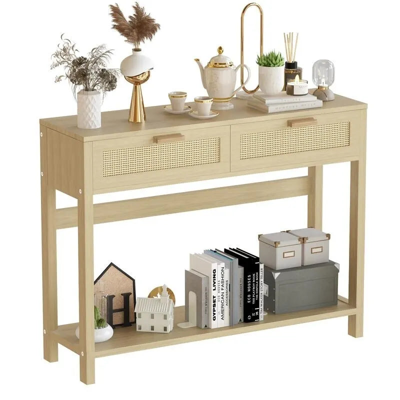 Console en rotin de style rustique, 39 tables d'appoint, table d'entrée étroite en bois bohème rustique avec tiroirs et étagère de rangement