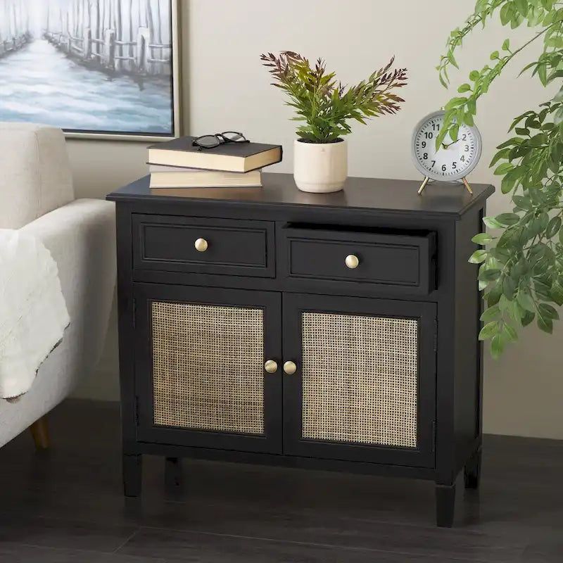 Meuble de Rangement en Bois Fait Main avec 2 Tiroirs et 2 Portes Façade Rotin - Noir