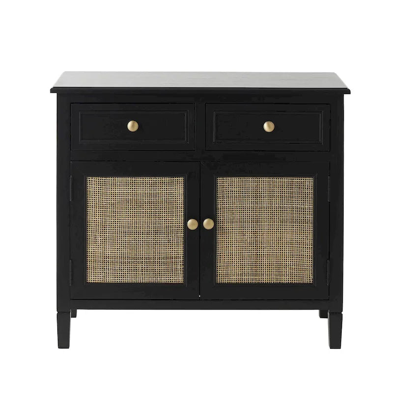 Meuble de Rangement en Bois Fait Main avec 2 Tiroirs et 2 Portes Façade Rotin - Noir