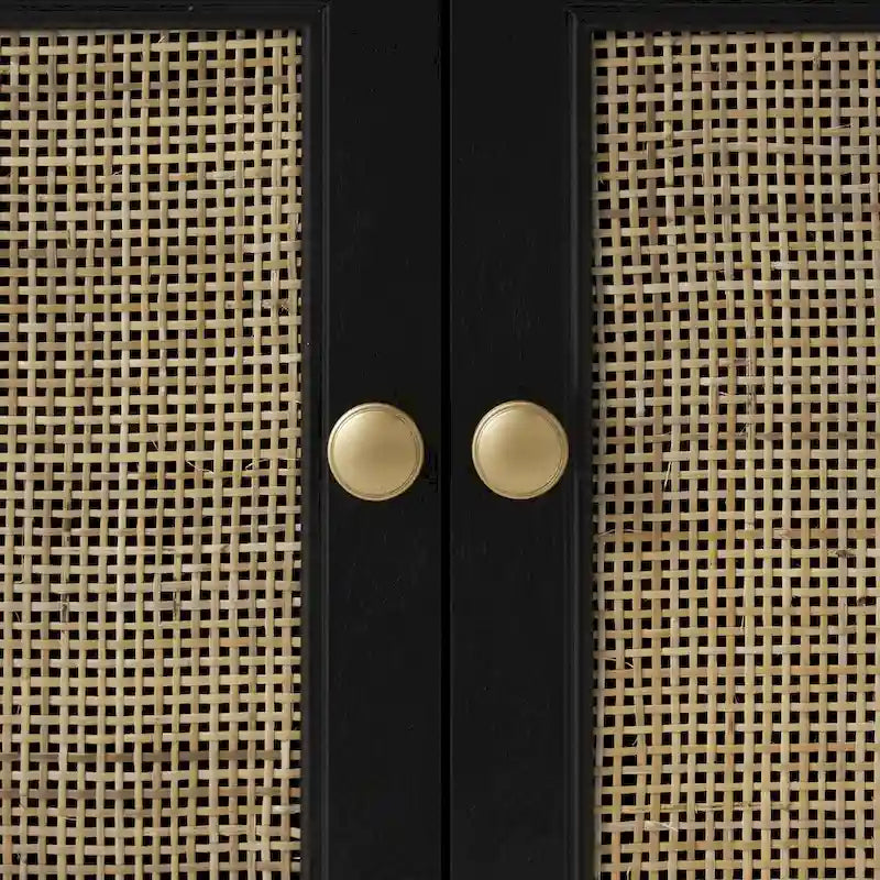 Meuble de Rangement en Bois Fait Main avec 2 Tiroirs et 2 Portes Façade Rotin - Noir