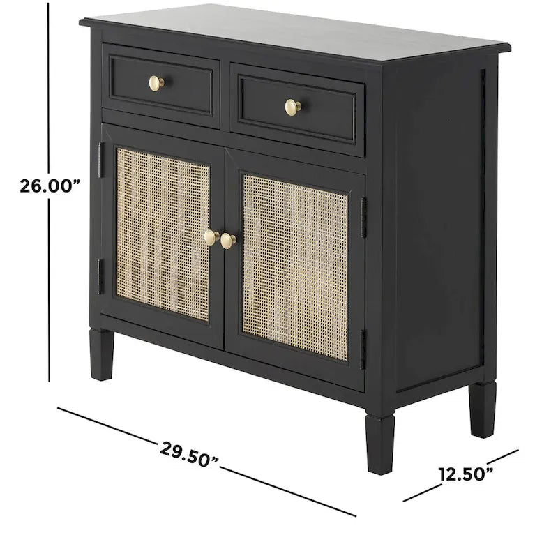 Meuble de Rangement en Bois Fait Main avec 2 Tiroirs et 2 Portes Façade Rotin - Noir